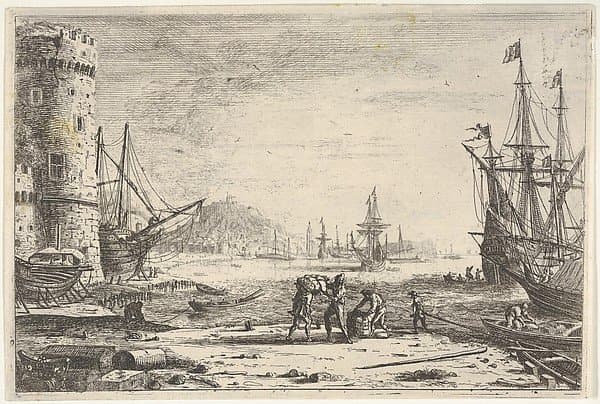 Harbor with large tower at left, and figures in the foreground — Claude Lorrain