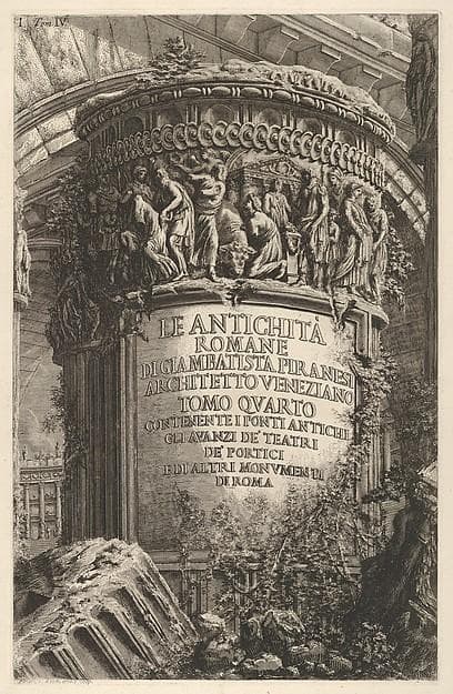 Title page: volume IV, 'The Antiquities of Rome by Giambatista Piranesi, Venetian Architect. Volume 4, containing the ancient bridges, the remains of theaters, of porticoes, and of other monuments of Rome' (Le antichità romane di Giambatista Piranesi architetto veneziano. Tomo quarto, contenente i ponti antichi, gli avanzi de' teatri, de' portici, e di altri monumenti di Roma), from the series 'Roman Antiquities' (Le Antichità Romane) — Giovanni Battista Piranesi