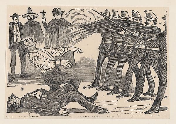 A firing squad executing two men, a priest and other figures in the background — José Guadalupe Posada