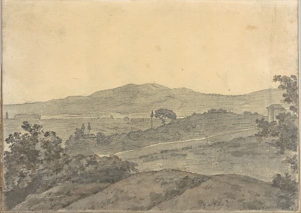 Landscape with distant buildings, near Rome (Smaller Italian sketchbook, leaf 28 recto) — Joseph Wright of Derby