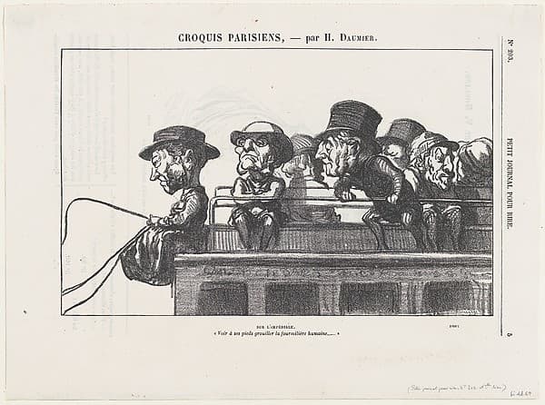 On the imperiale, "At one's feet one can observe the swarming of a human ant-hill," from 'Parisian sketches,' published in Le Petit Journal pour Rire — Honoré Daumier