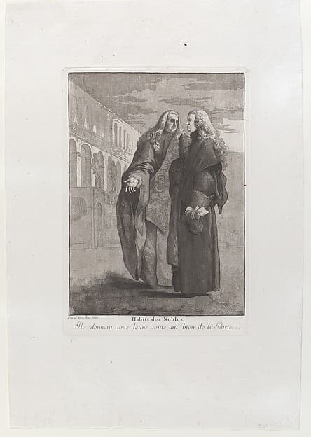 Two Venetian magistrates standing in front of the Palazzo Ducale, from the 'Divers portraits gravés à l'eau-forte et dediés à M.Dominique Corvi' — Giovanni David