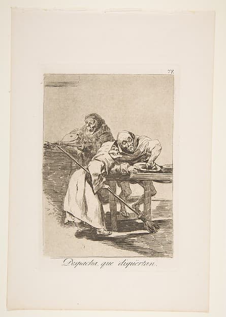 Plate 78  from "Los Caprichos": Be quick, they are waking up (Despacha, que dispiertan) — Francisco Goya