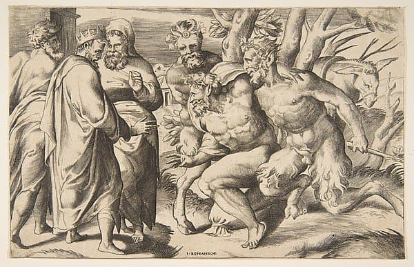 Two satyrs brining Silenus King Midas standing at the left — Giulio Bonasone