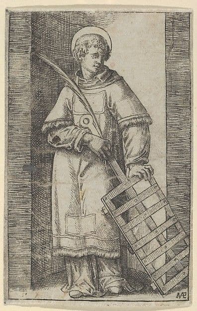 Saint Vincent, left hand resting on a grill, from "Piccoli Santi" (Small Saints) — Marcantonio Raimondi