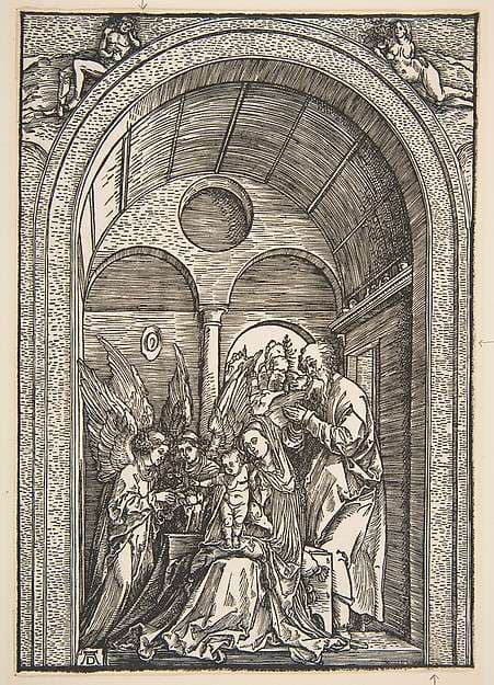 The Holy Family with Two Angels in a Vaulted Hall — Albrecht Dürer