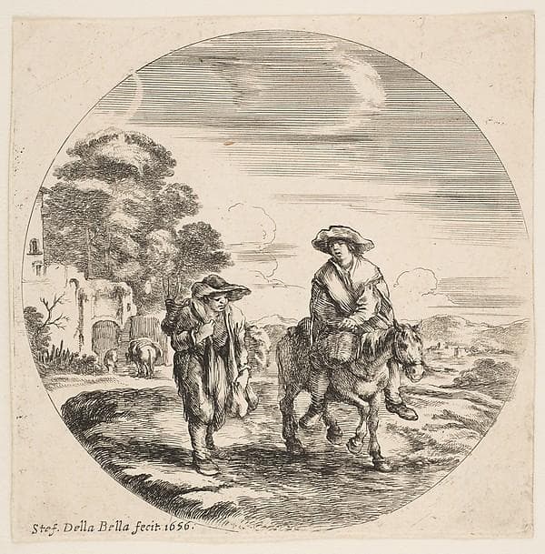 Landscape with Two Peasants, One Riding a Horse, from "Landscapes and seaports" (Paysages et ports de mer, dans des ronds) — Stefano Della Bella