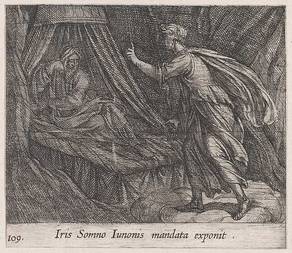 Plate 109: Iris Giving Sleep Juno's Command (Iris Somno Iunonis mandata exponit), from Ovid's 'Metamorphoses' — Antonio Tempesta