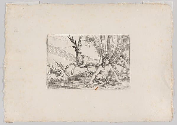 Earth, represented by Cybele seated at the base of a tree with fruits of the earth spread before her, a cupid with a torch approaches from the right, a stag and hound look toward Cybele from the left, from "The Elements" — Giulio Carpioni