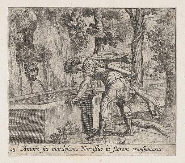 Plate 28: Narcissus at the Well (Amore fui inardescens Narcißus in florem transmutatur), from Ovid's 'Metamorphoses' — Antonio Tempesta
