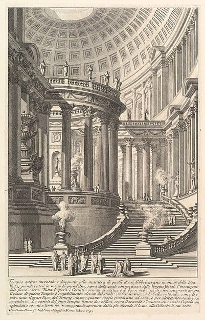 Imaginery ancient temple designed in the style of those built in honor of the Goddess Vesta... (Tempio antico inventato e disegnato alla maniera di quelli che si fabbricavano in onore della Dea Vesta...), from "Prima Parte di Architettura, e Prospettive" — Giovanni Battista Piranesi