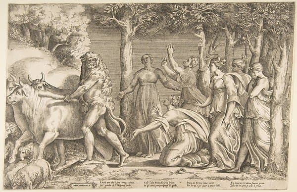 Hercules driving off the cattle of Geryon, at the right are the nymphs of Hesperides — Giulio Bonasone