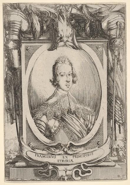 A portrait of Francesco de' Medici, within an oval frame, decorated with military equipment, battle scenes at bottom left and right outside of frame — Stefano Della Bella