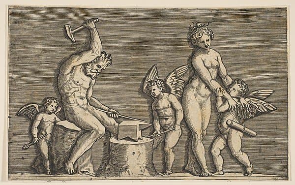 Vulcan seated hammering on an anvil flanked by Venus and three cupids — Marco Dente