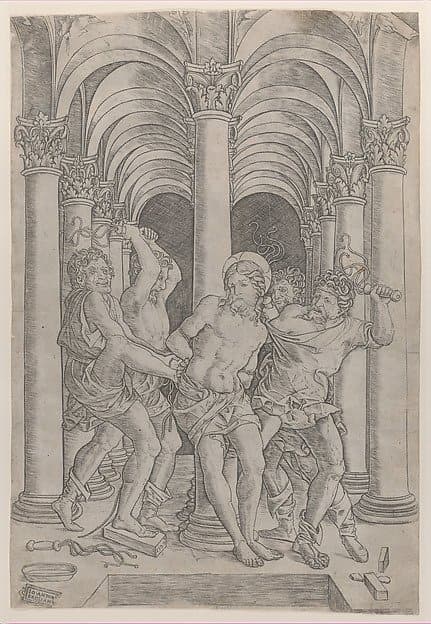 The Flagellation of Christ who is tied to a column at center set within an arcade — Giovanni Antonio da Brescia
