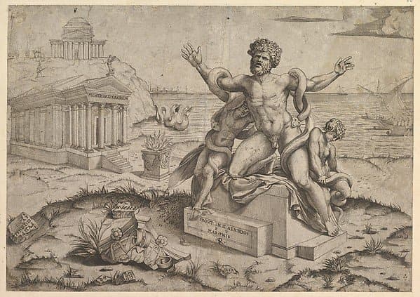 Ancient bas-reliefs with Laocoon, from "Speculum Romanae Magnificentiae" — Marco Dente