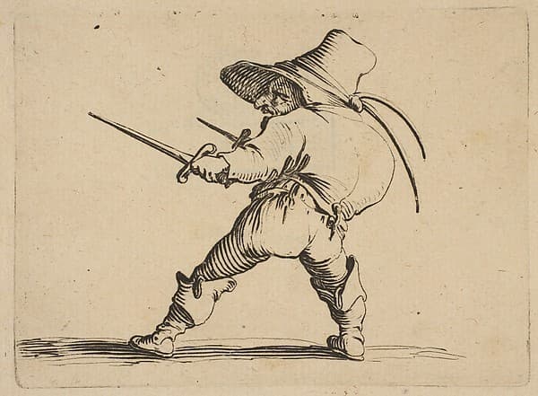 Le Duelliste a L'Épée et au Poignard (The Duelist with a Sword and Daggar), from Varie Figure Gobbi, suite appelée aussi Les Bossus, Les Pygmées, Les Nains Grotesques (Various Hunchbacked Figures, The Hunchbacks, The Pygmes, The Grotesque Dwarfs) — Jacques Callot