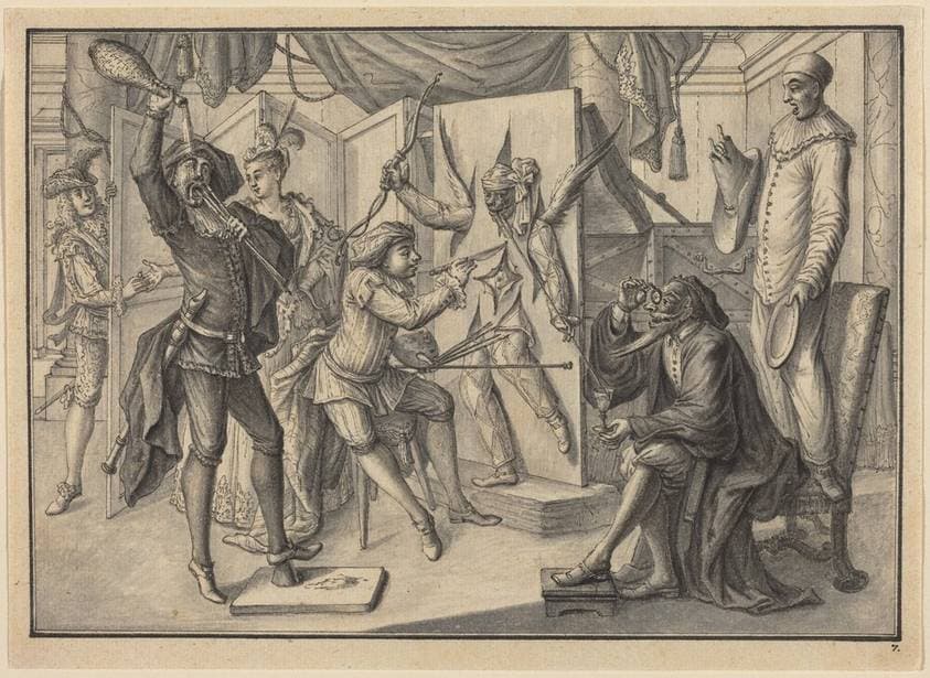 Mezzetin "Paints" a Portrait of Cupid by Cutting the Canvas to Reveal Harlequin — Johann Jacob Schübler