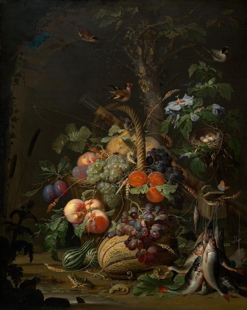 Still Life with Fruit, Fish, and a Nest — Abraham Mignon