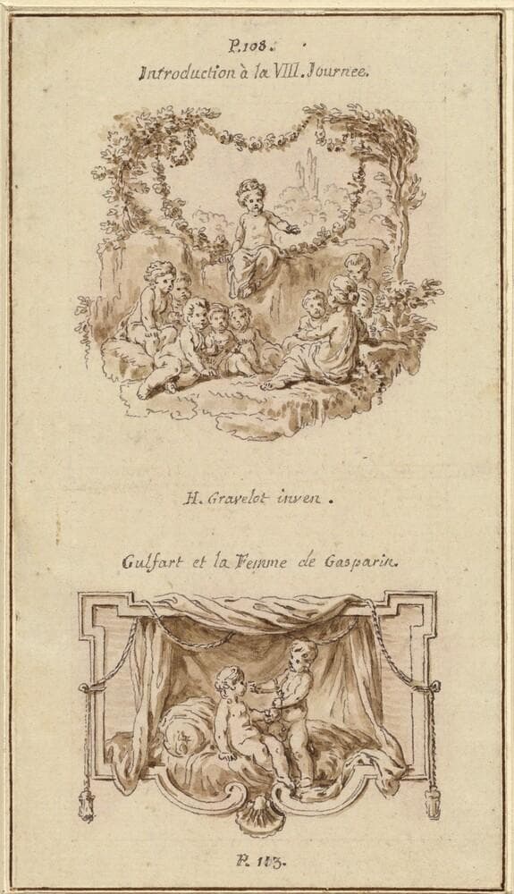 Nine Children Listening to a Girl Tell a Story; A Boy Handing a Purse to a Girl Seated on a Bed — Hubert François Gravelot