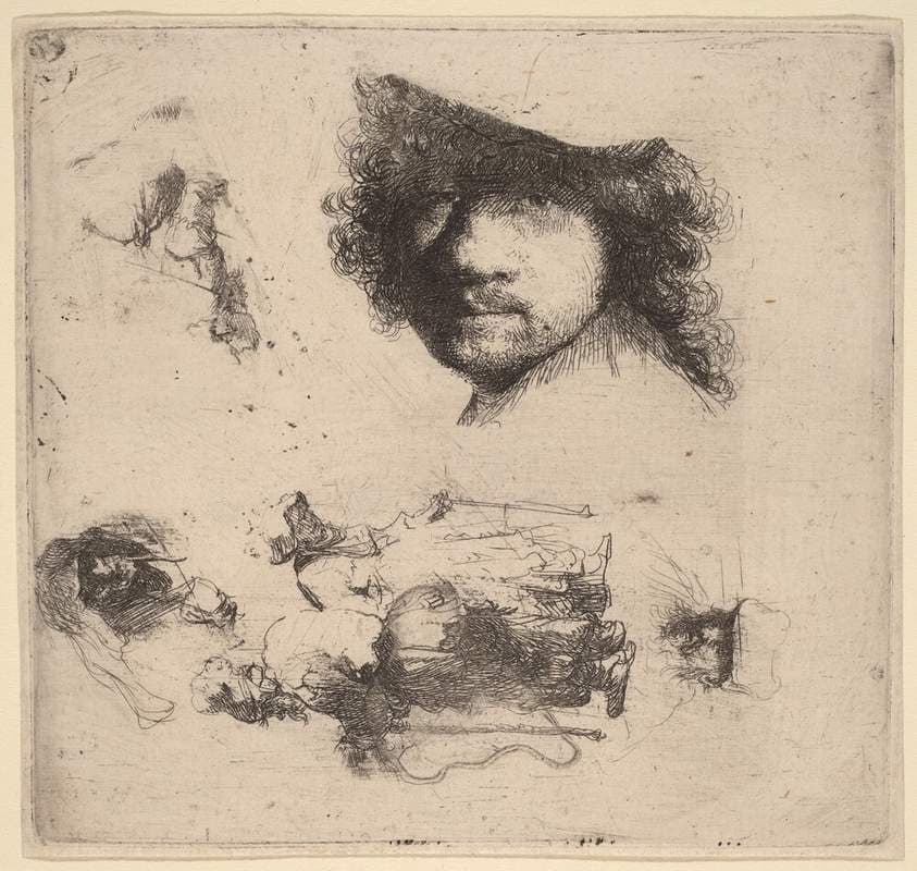 Sheet of Studies including Head of the Artist, a Beggar Couple, Heads of an Old Man and Old Woman — Rembrandt van Rijn