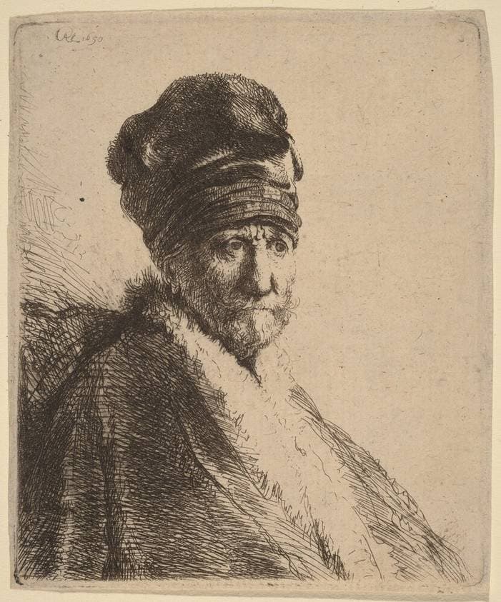 Bust of a Man Wearing a High Cap, Three-Quarters Right (The Artist's Father?) — Rembrandt van Rijn