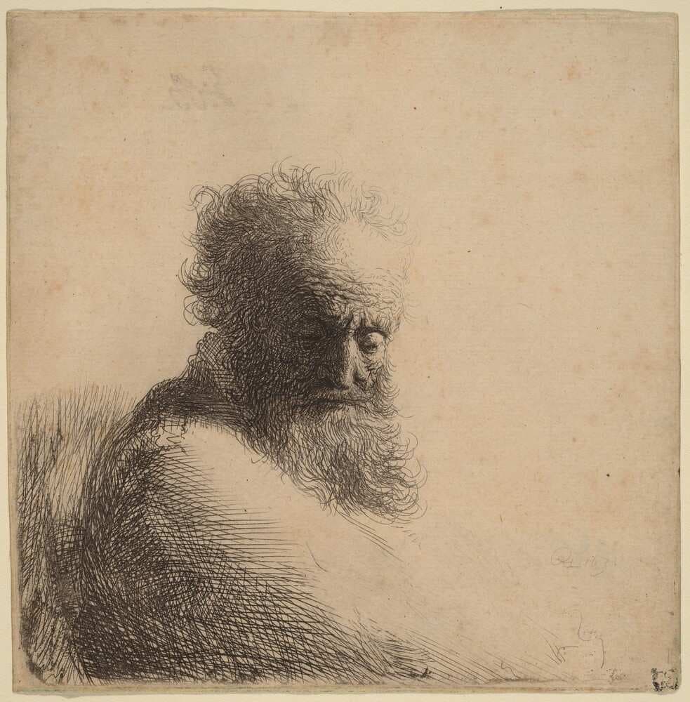 Bust of an Old Bearded Man, Looking Down, Three Quarters Right — Rembrandt van Rijn