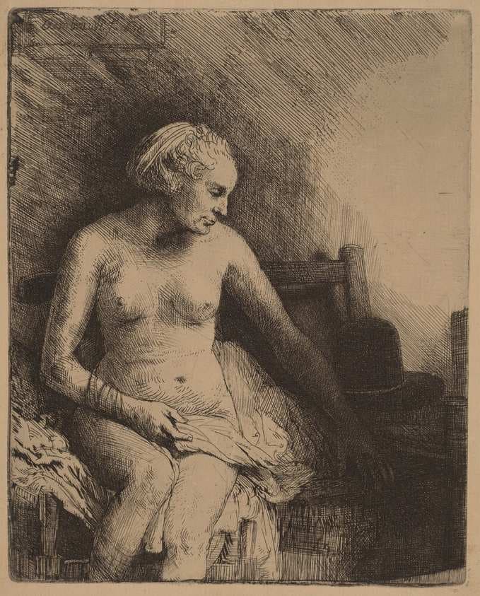 Woman at the Bath with a Hat beside Her — Rembrandt van Rijn