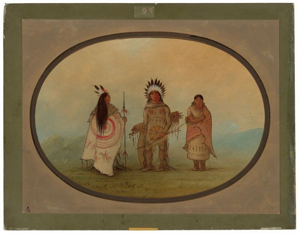 A Crow Chief, a Warrior, and His Wife — George Catlin