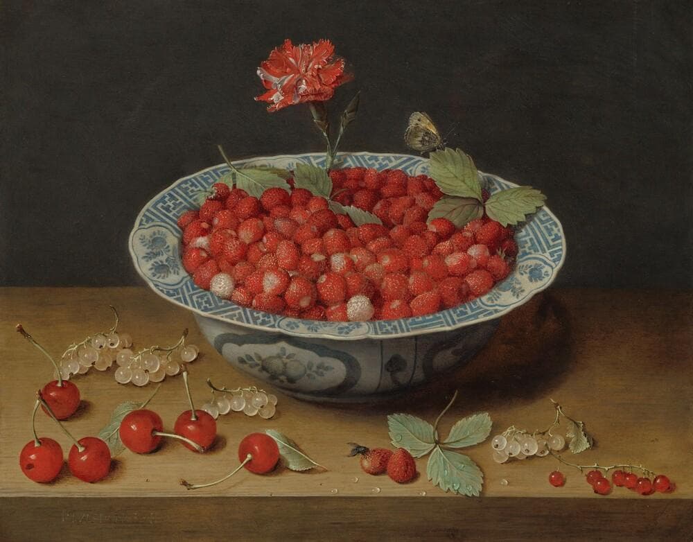 Wild Strawberries and a Carnation in a Wan-Li Bowl — Jacob van Hulsdonck