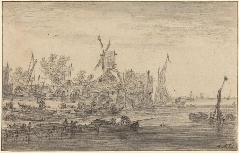 Foreshore Scene with Windmill — Jan van Goyen