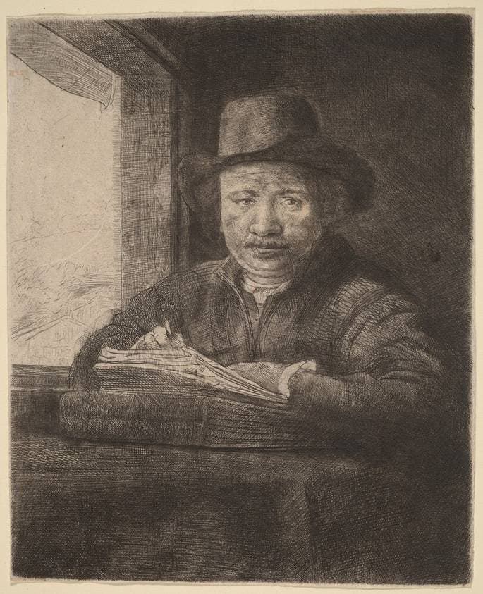 Self-Portrait Etching at a Window — Rembrandt van Rijn