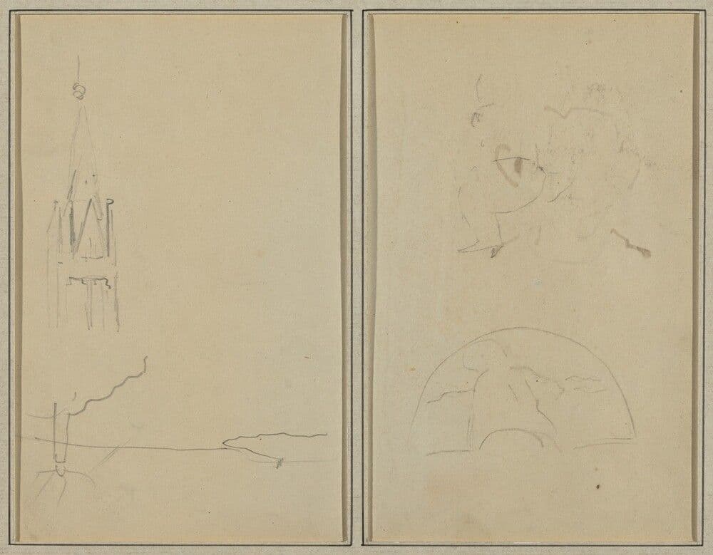 Church Tower; A Sketch of a Fan [recto] — Paul Gauguin