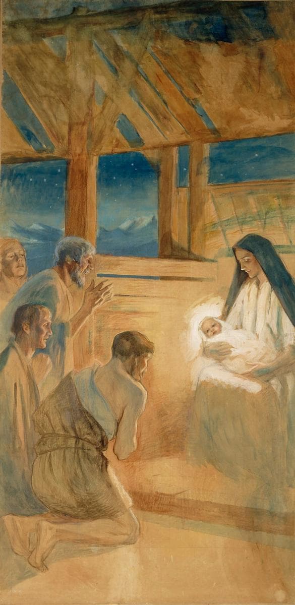 Paimenet kumartavat Jeesus-lasta, harjoitelma Vaasan kirkon alttaritauluun — Albert Edelfelt