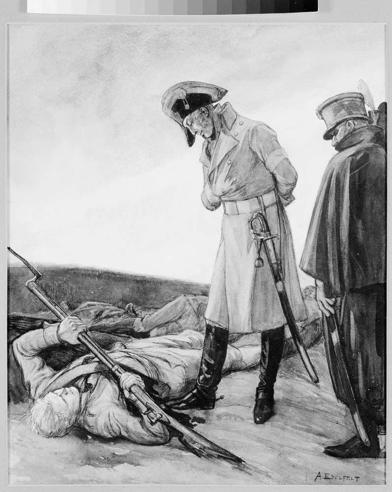 "Ja Sandels silloin kumartui kuollutta katsomaan" — Albert Edelfelt