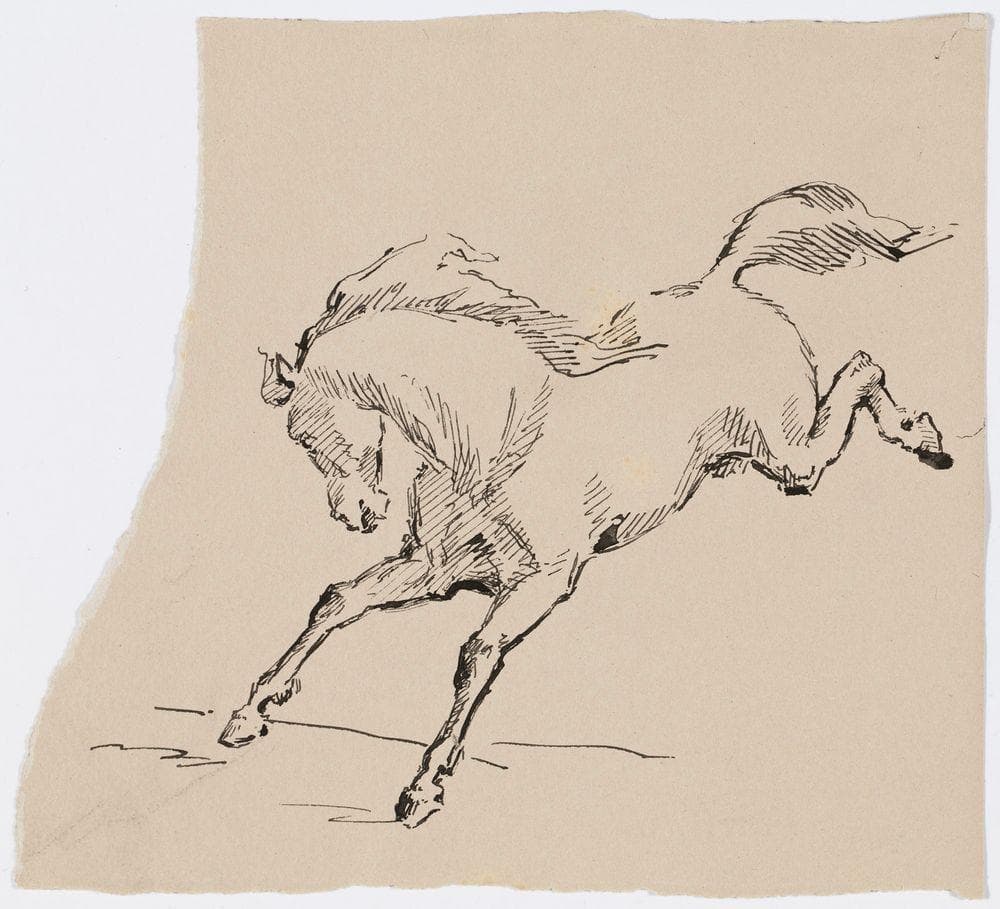 Kuvitusta kirjaan Finska Folksagor, Berättade af Rafaël Hertzberg, Helsingfors 1880, Hevonen sadusta Den underbara björken, luonnos sivun 82 kuvitukseen — Helene Schjerfbeck