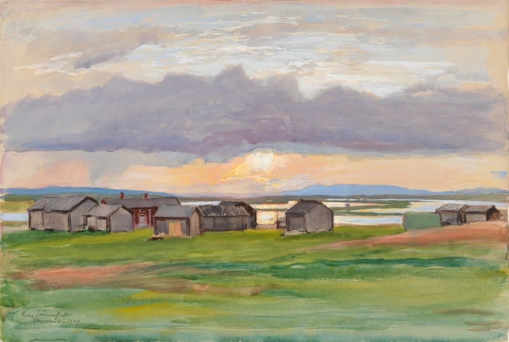 Rakennuksia rannalla (Muonio) — Eero Järnefelt