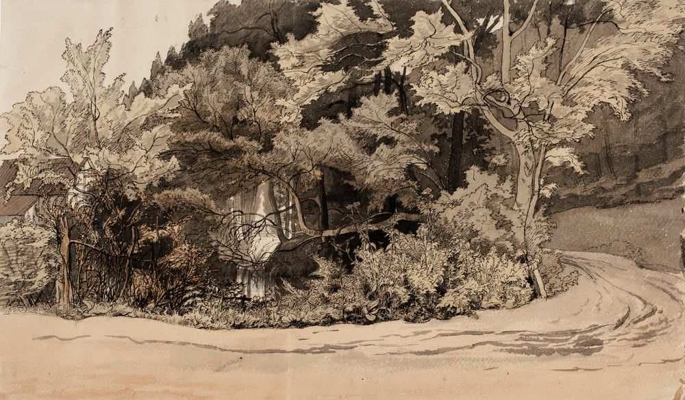 Metsämaisema, ristikkorakennus, lampi ja tie — Werner Holmberg