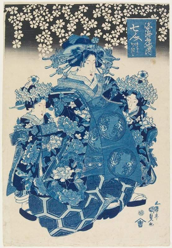 The Sugataebi House: Courtesan Nanahito, kamuro Tsuruji and Kameji — Kunisada