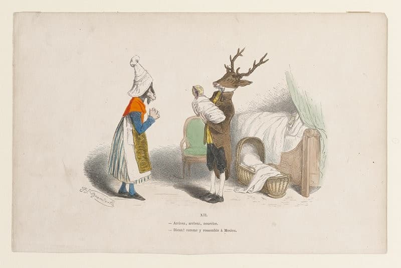 --Arrivez, arrivez, nourrice. --Dieux! comme ye ressemble a Mosieu, from Les Metamorphoses du Jour — Jean Ignace Isidore Gérard Grandville