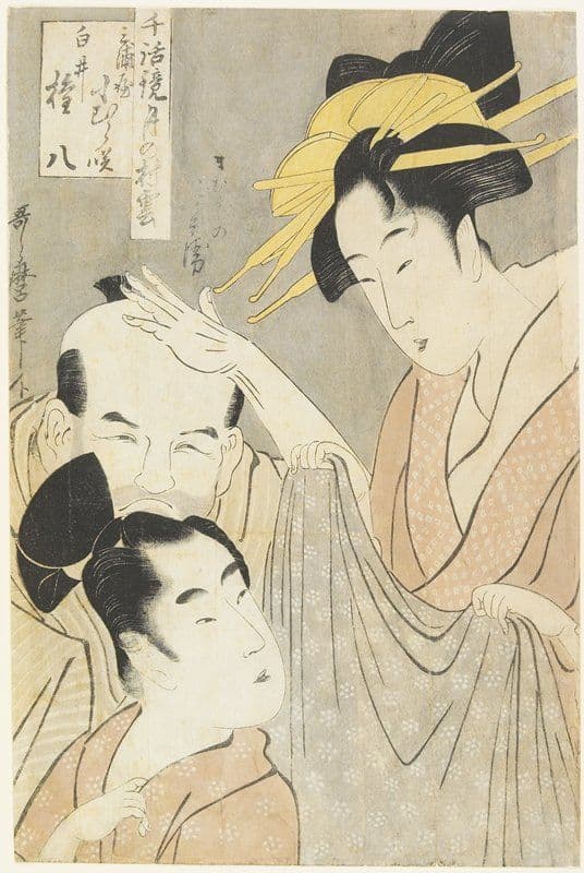 The Courtesan Komurasaki of the Miuraya House, Shirai Gonpachi, and the Viperous Jihei — Utamaro