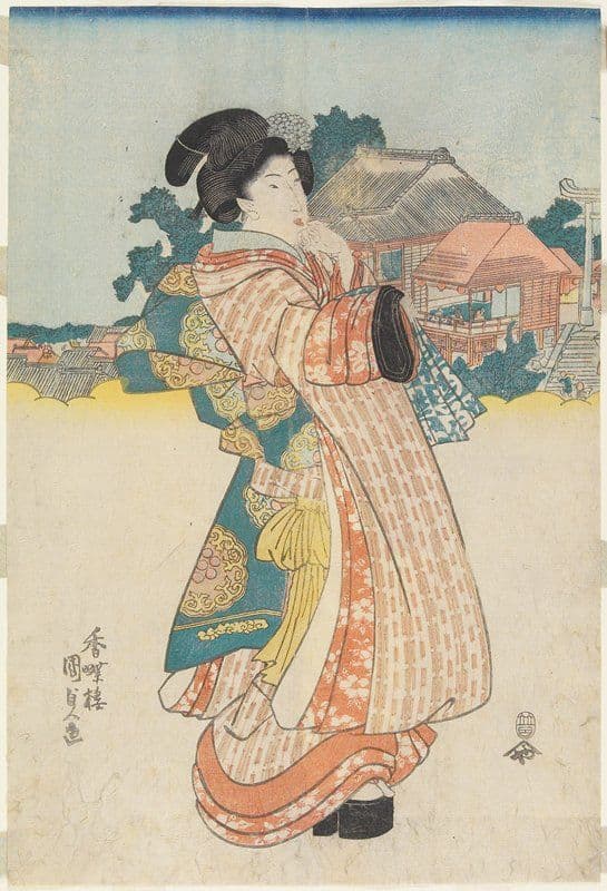 (Courtesan Standing in Front of a Shrine) — Kunisada
