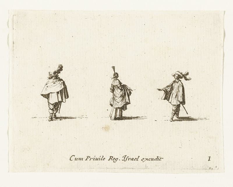 Une dame, coiffée d'une aigrette et relevant son manteau, vue de dos entre deux hommes — Jacques Callot