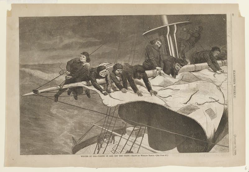 Winter at Sea - Taking in Sail Off the Coast — Winslow Homer