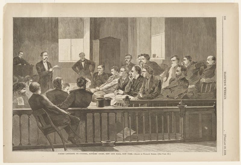 Jurors Listening to Counsel, Supreme Court, New City Hall, New York — Winslow Homer