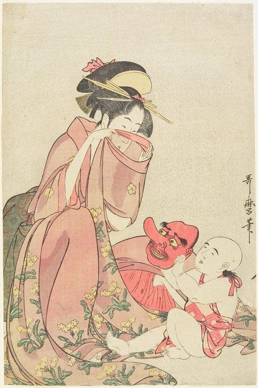 Woman Playing with a Child with a Tengu Mask — Utamaro