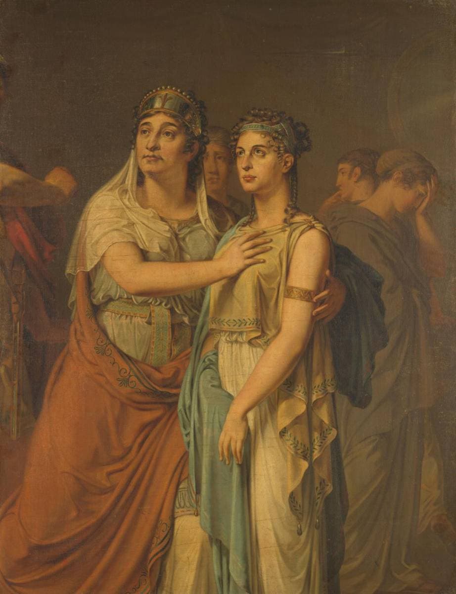 De actrices Joanna Cornelia Ziesenis-Wattier (1762-1827) en Geertruida Jacoba Grevelink-Hilverdink (1786-1827) in Iphigenia (1674) van Jean Racine (1639-99) — Louis Moritz