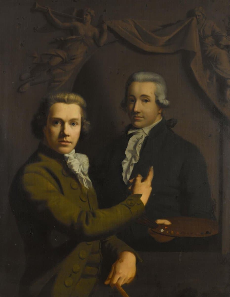 Self Portrait, Pointing at a Portrait of the Artist's deceased Colleague Dirk Jacobsz Ploegsma (1769-91) — Willem Bartel van der Kooi
