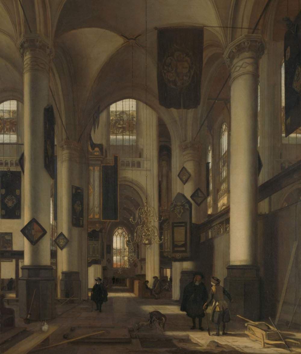 Interior of a Protestant Gothic Church with Motifs from the Oude and Nieuwe Kerk in Amsterdam — Emanuel de Witte