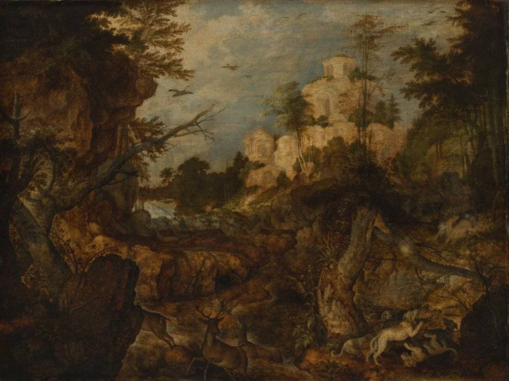 Wild boar hunt in a rocky landscape — Roelant Savery